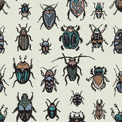 Beeetles and bugs design for paper or textile. Ink style
