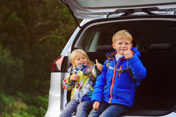 happy little boy and toddler girl love travel by car