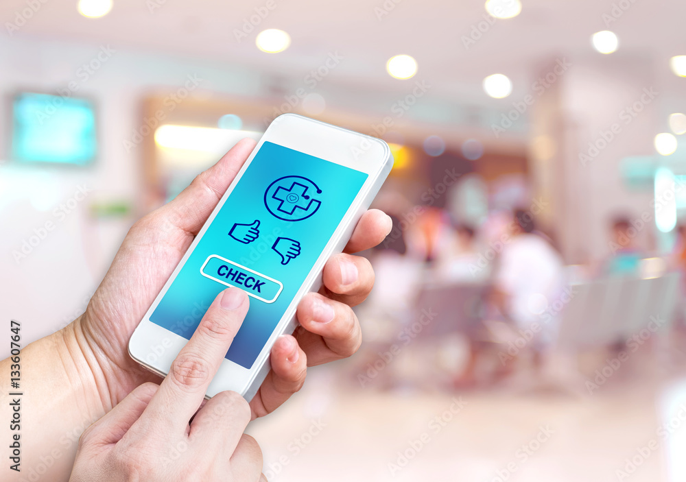 Poster hand holding mobile with health check button and thumb up good