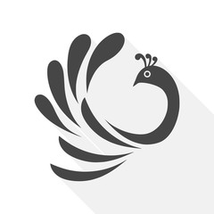 Stylized silhouette of a peacock with long shadow