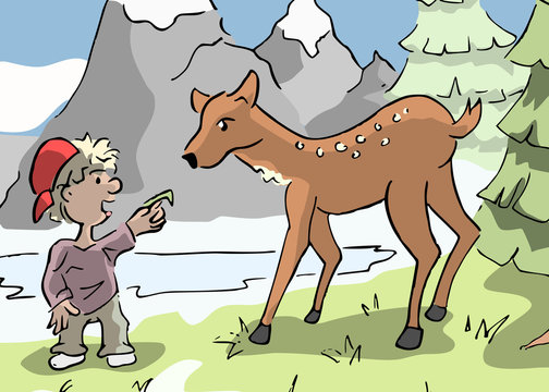 jongen voert een hert een stukje gras
