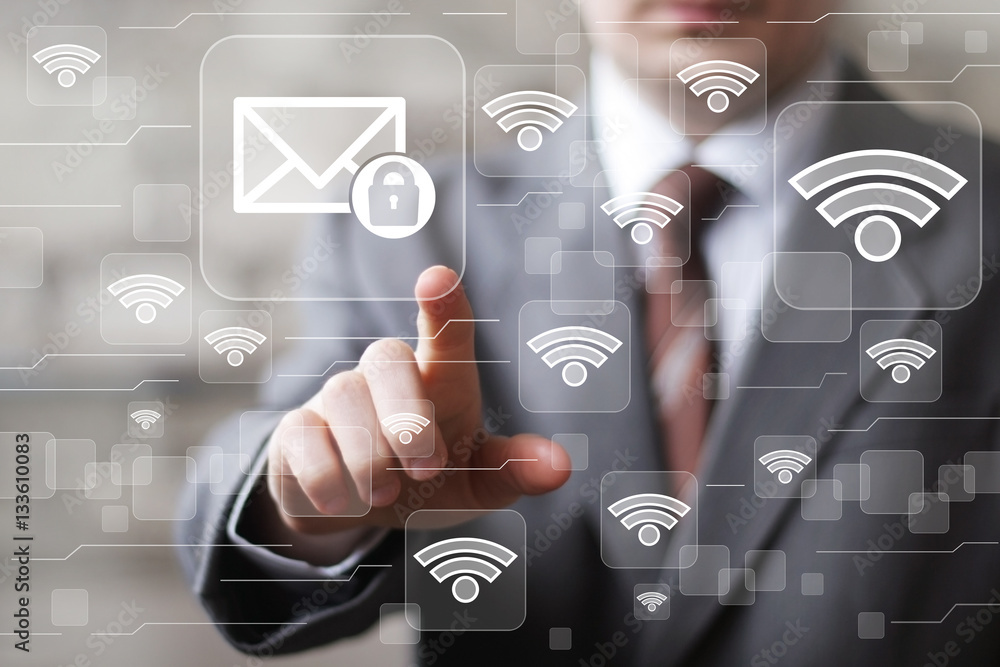 Poster social network wifi businessman presses button mail security lock network email.