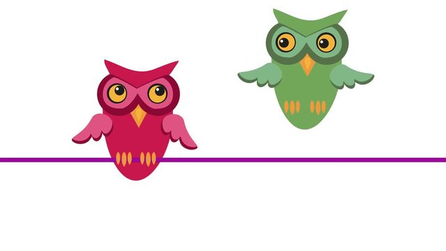 Two owls flirting. Retro cartoon style with flat design. Concept of love and desire.