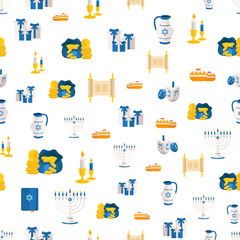 Holiday of Hanukkah web banner seamless pattern. Jewish symbols