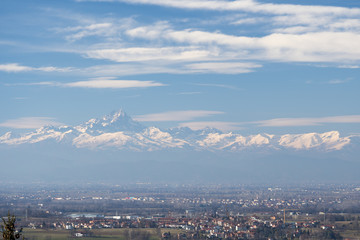 Monviso mountain in the italian Alps seen from the Piedmont plain