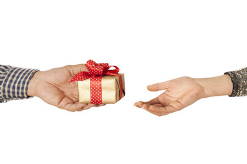 People hands gives gift in box