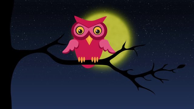 Owl sitting on tree branch at night, learning to fly. Retro cartoon style with flat design. Concept of nature and wisdom.