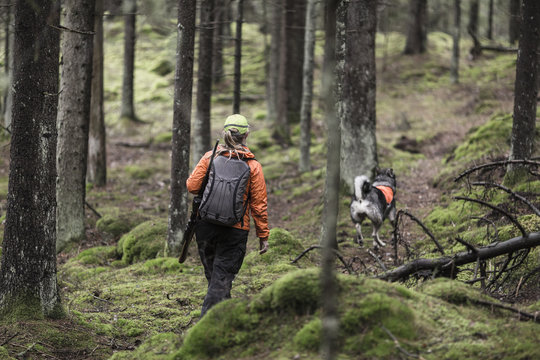 Hunter with dog in forest