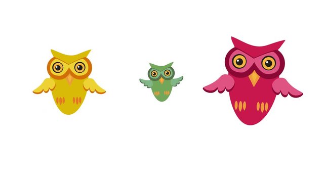 Three owls. Cute birds in cartoon style with flat design. Concept of nature and wisdom.