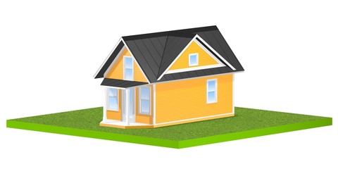 3D rendered illustration of a tiny home on a square grassy plot of land or yard.  Isolated over white background.