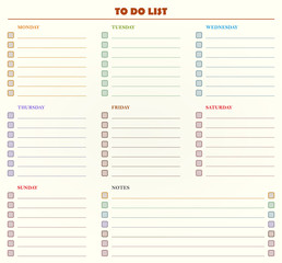 To do list based on weekly days and notes - motivational inscription template