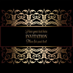 Vintage gold invitation or wedding card on black background, divider, header, ornamental lacy vector frame