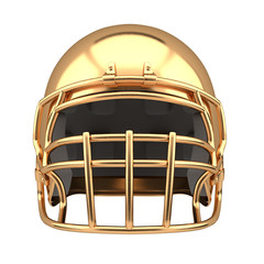 Golden American football helmet Illustration. Front view. Sport equipment. Symbol of Cup or Trophy. 3D render Illustration Isolated on white background.