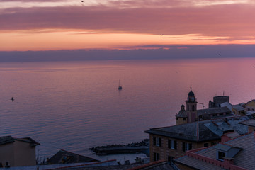 Pink sunset light in Camogli, Italy