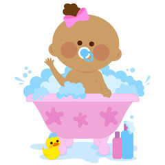 Baby girl in a tub taking a bubble bath. Vector illustration