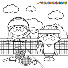Children tennis players. Vector black and white coloring page.