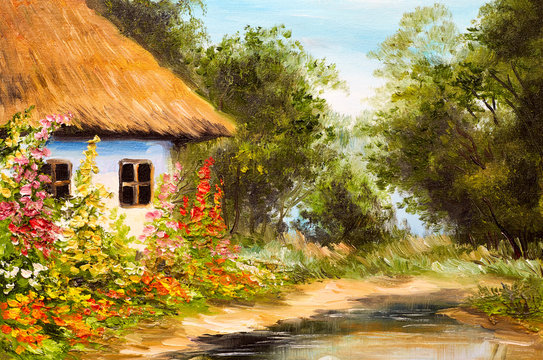 Oil Painting, farmhouse in the forest