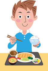 男性の食事　トンカツ定食