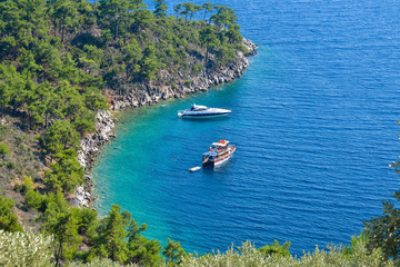 Boats in secluded bay, Thassos Island, Greece
