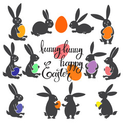 Easter Bunnies with colorful eggs.  Vector illustration. Easter collection isolated elements for design and lettering.
