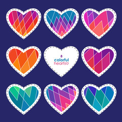 set of geometric multicolored hearts for Valentine's day stickers