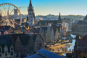 Aerial view on the center of the old city of Ghent in Belgium