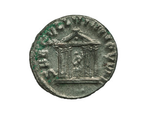 Ancient silver roman coin with image of a temple isolated on white