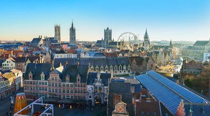 Aerial view on the center of the old city of Ghent in Belgium