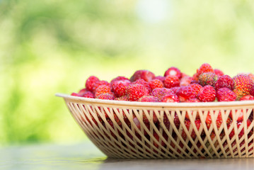 Ripe wild strawberry in wicker tray on a table outdoors