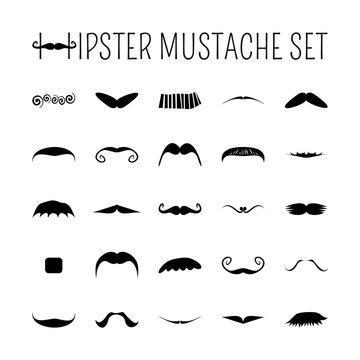 moustache icons set for retro design. Black objects isolated on white background. Vector illustration