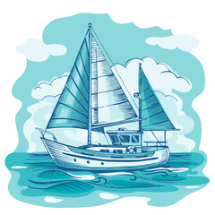 Sailing boat monochrome vector sketch  with clouds and stylized 