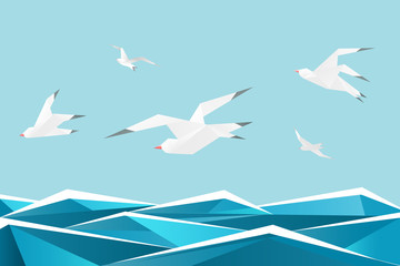 Paper sea with birds. Vector origami gulls above waves  background