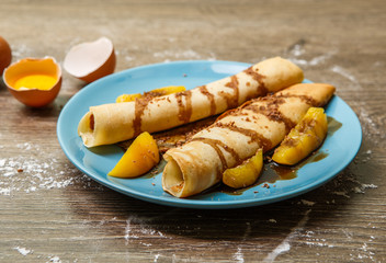 Dessert with peaches and chocolate