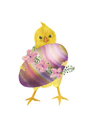 WAtercolor painting chicken and egg with flowers. Happy easter card.