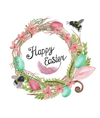 Watercolor painting - Happy Easter card with wreath and eggs, flowers and bumblebee. Spring background.