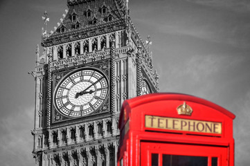 Red telephone box and Big Ben,  London, UK