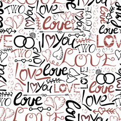 Seamless pattern with hand lettering and inscriptions I love you, Two, Love
