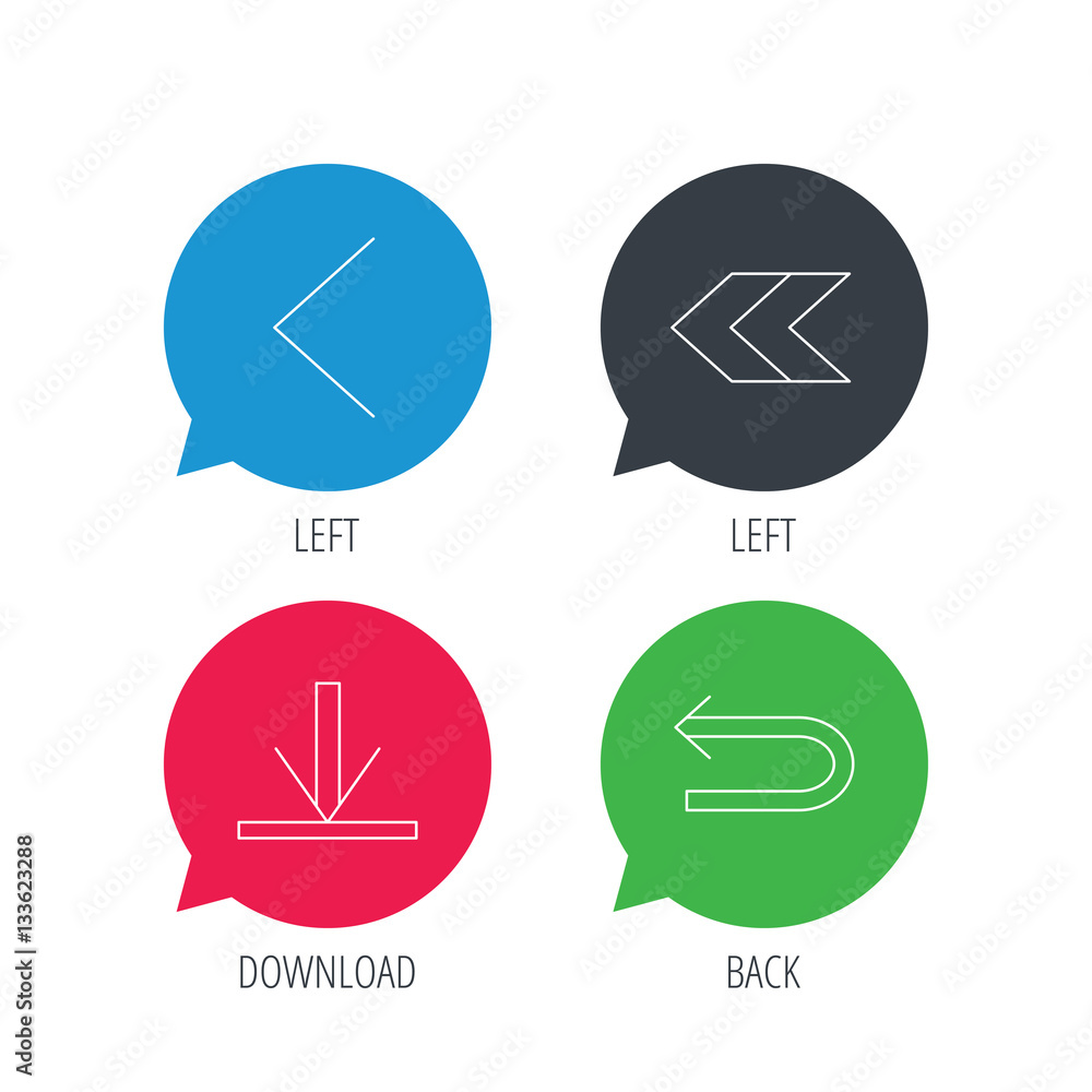 Poster colored speech bubbles. arrows icons. download, left direction linear signs. next, back arrows flat 