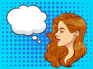 Young beautiful woman  wants to tell the secret. Girl in profile of the European type with speech bubble on background of pop art style