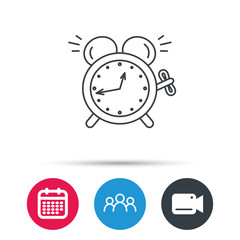 Alarm clock icon. Mechanical retro time sign. Watch with bell symbol. Group of people, video cam and calendar icons. Vector