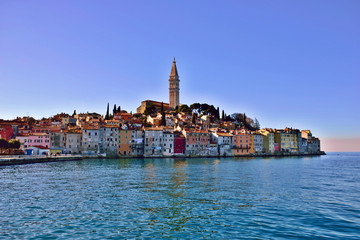 Fototapeta premium Morning view of old medieval, romantic town of Rovinj, Croatia during winter sunrise, Istria