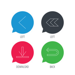 Colored speech bubbles. Arrows icons. Download, left direction linear signs. Next, back arrows flat line icons. Flat web buttons with linear icons. Vector