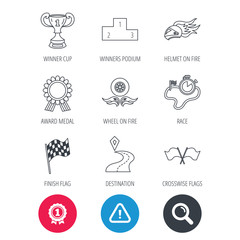 Achievement and search magnifier signs. Winner cup and podium, award medal icons. Race flag, motorcycle helmet and timer linear signs. Destination pointer flat line icons. Hazard attention icon