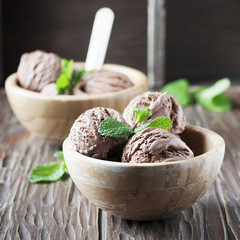Cold ice cream with chocolate and mint
