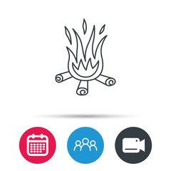 Bonfire icon. Fire sign. Group of people, video cam and calendar icons. Vector
