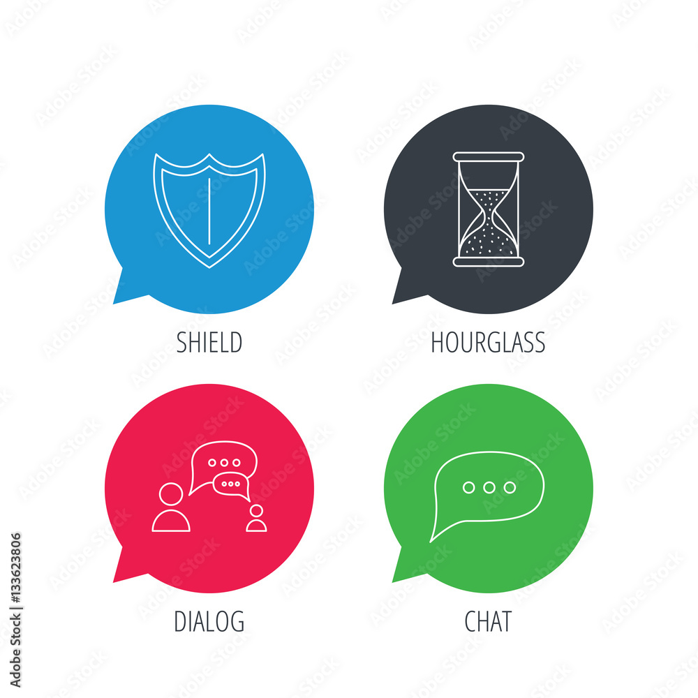 Poster colored speech bubbles. dialog, chat speech bubbles and shield icons. protection, hourglass linear s