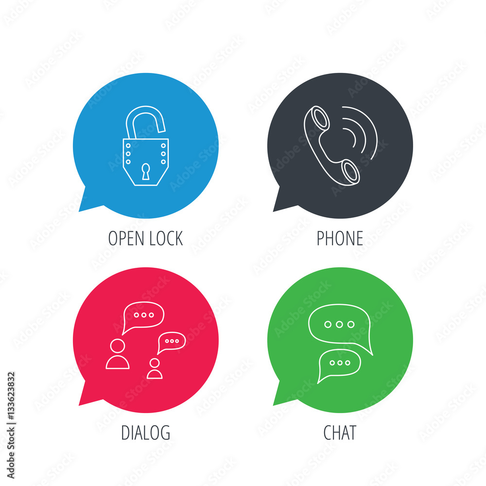 Aufkleber colored speech bubbles. phone call, chat speech bubbles and lock icons. dialog linear sign. flat web