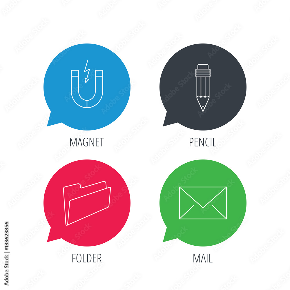 Poster colored speech bubbles. folder, pencil and mail envelope icons. magnet linear sign. flat web buttons