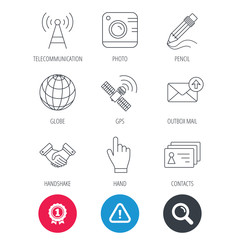 Achievement and search magnifier signs. Handshake, contacts and gps satellite icons. Pencil, photo camera and mail linear signs. Telecommunication station flat line icons. Hazard attention icon