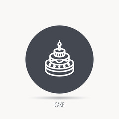 Cake icon. Birthday delicious dessert sign. Sweet food with candle symbol. Round web button with flat icon. Vector